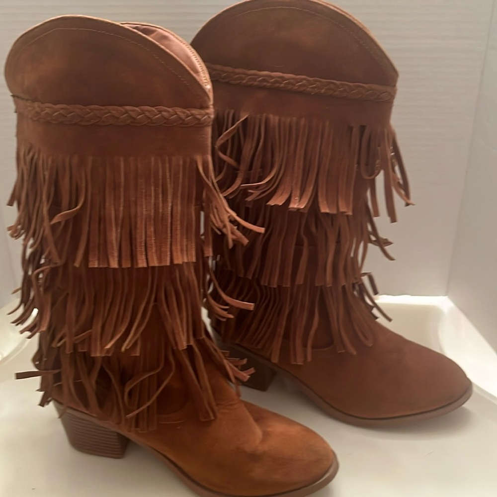 Brown Suede Fringe Cow Girl Boots